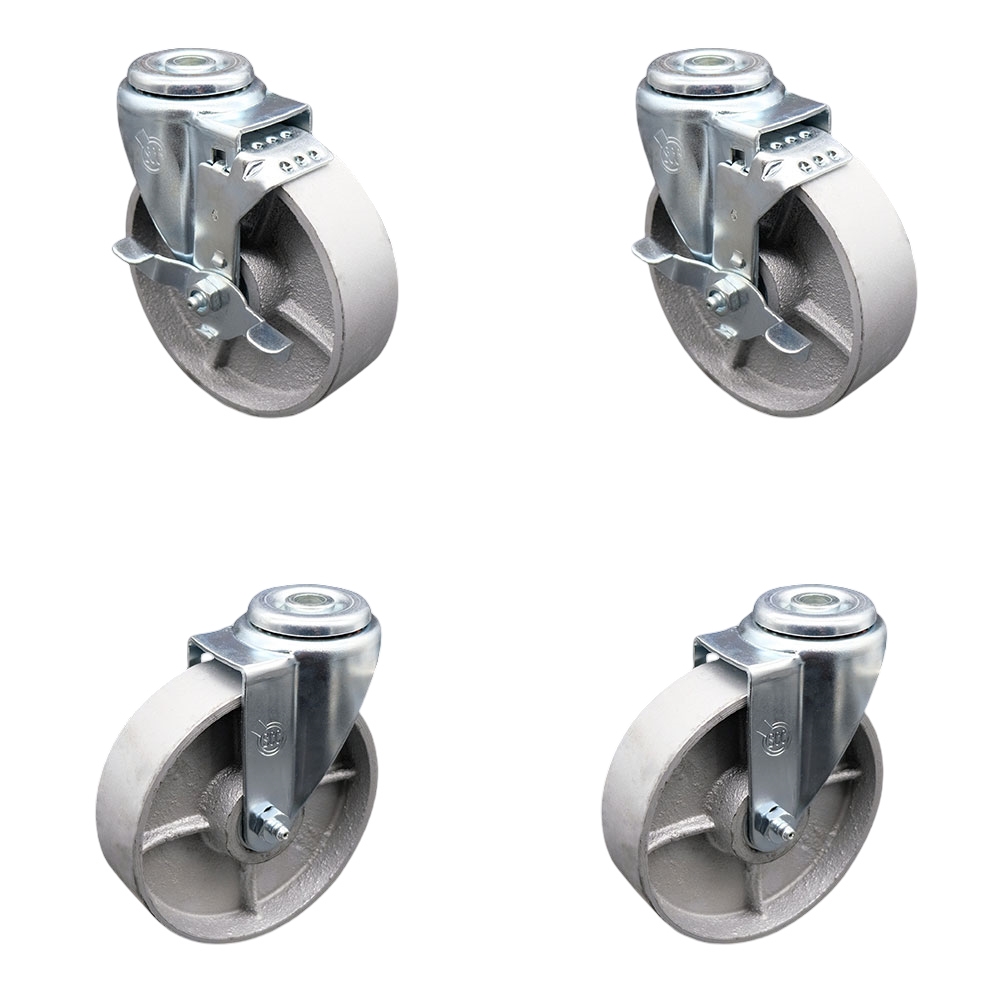 Semi Steel Cast Iron Swivel Bolt Hole Caster Set of 4 - 5" x 1.25" Silver Wheels - Includes 2 with Top Locking Brakes - 1200 lbs Total Capacity - Service Caster Brand — photo 1