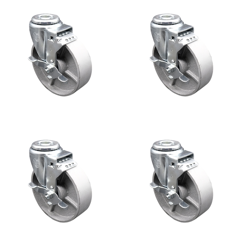 Semi Steel Cast Iron Swivel Bolt Hole Caster Set of 4 w/5" x 1.25" Silver Wheels - Includes 4 Swivel with Top Lock Brakes - 1200 lbs Total Capacity - Service Caster Brand — photo 1