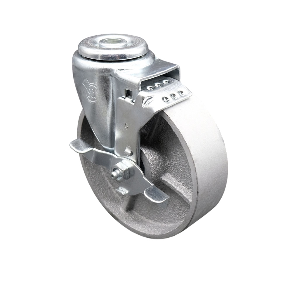 Semi Steel Cast Iron Swivel Bolt Hole Caster - 5" x 1.25" Silver Wheel & Top Locking Brake - 300 lbs Capacity/Caster - Service Caster Brand — photo 1