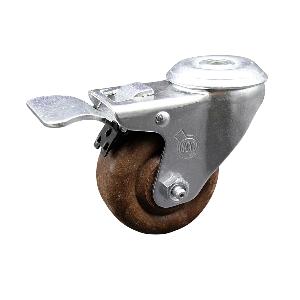 High Temp Glass Filled Nylon Swivel Bolt Hole Caster w/3" x 1.25" Brown Wheel & Total Locking Brake - 350 lbs Capacity/Caster - Service Caster Brand — photo 1
