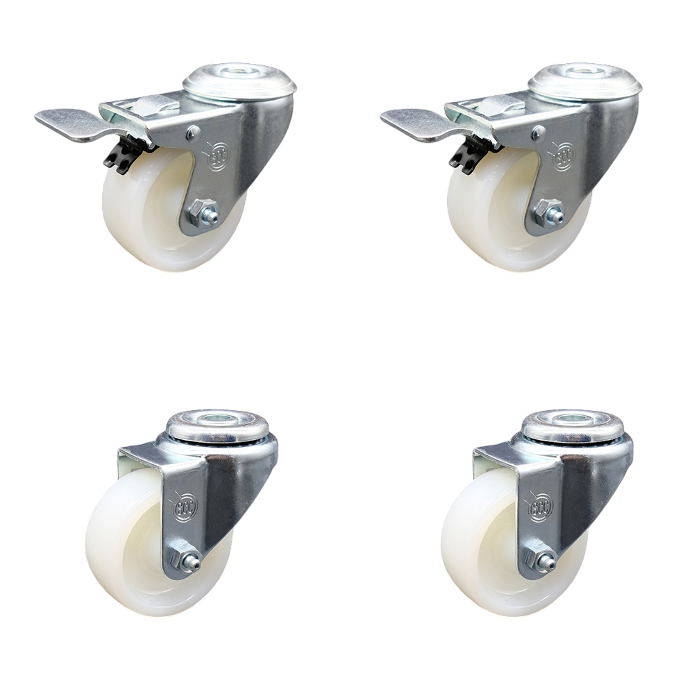 Nylon Swivel Bolt Hole Caster Set of 4 w/3" x 1.25" White Wheels - Includes 2 with Total Locking Brakes - 1200 lbs Total Capacity - Service Caster Brand — photo 1
