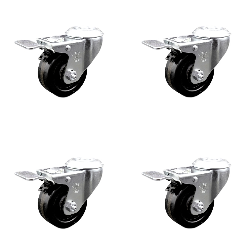 Phenolic Swivel Bolt Hole Caster w/Roller Bearing Set of 4 w/3" x 1.25" Black Wheels - Includes 4 Swivel with Total Lock Brakes - 1200 lbs Total Capacity - Service Caster Brand — photo 1