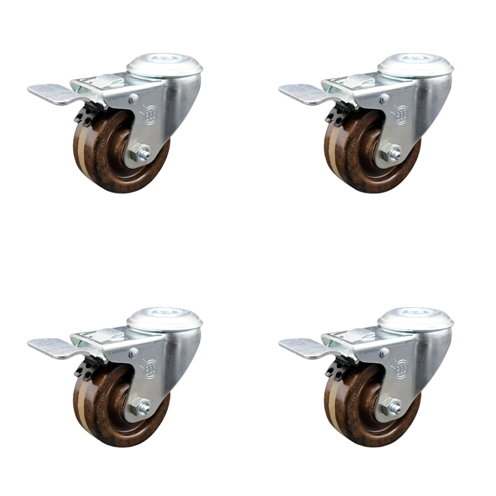 High Temperature Phenolic Swivel Bolt Hole Caster w/Roller Bearing Set of 4 w/3" x 1.25" Brown Wheels - Includes 4 Swivel with Total Lock Brakes - 1200 lbs Total Capacity - Service Caster Brand — photo 1
