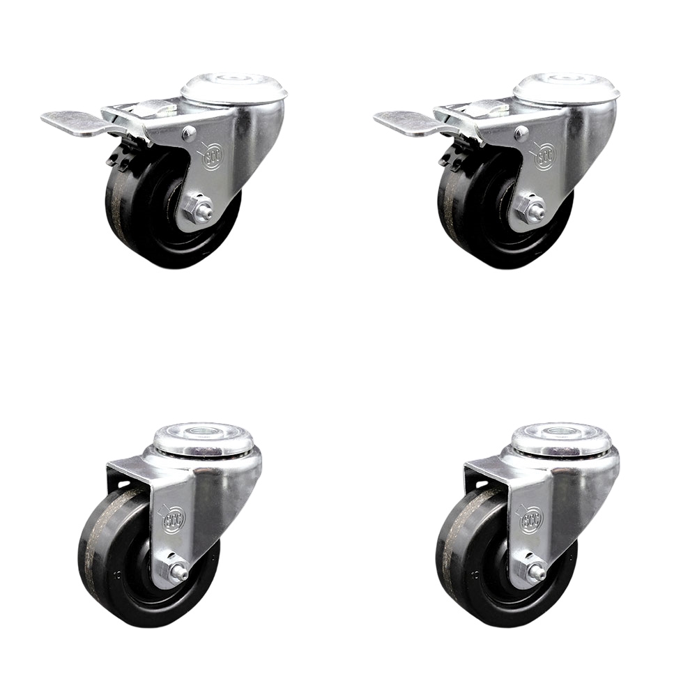 Phenolic Swivel Bolt Hole Caster Set of 4 w/3" x 1.25" Black Wheels - Includes 2 with Total Locking Brakes - 1200 lbs Total Capacity - Service Caster Brand — photo 1