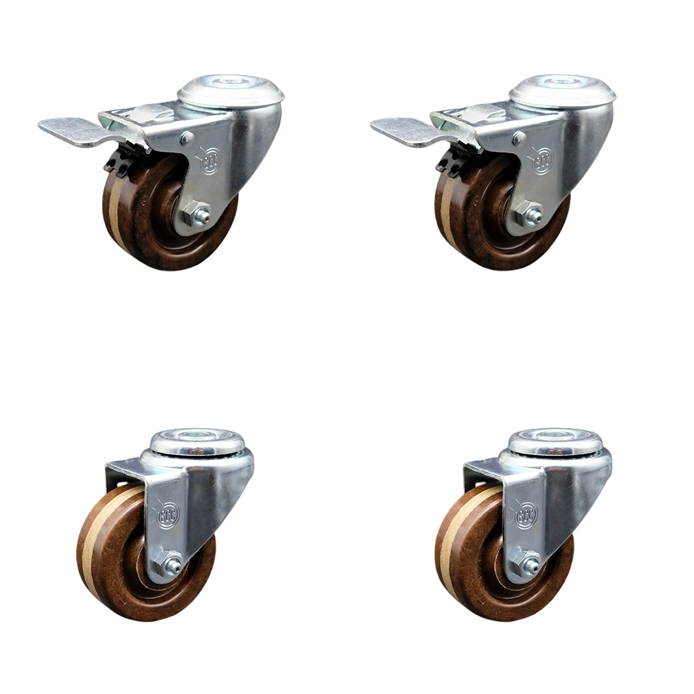 High Temperature Phenolic Swivel Bolt Hole Caster Set of 4 - 3" x 1.25" Brown Wheels - Includes 2 with Total Locking Brakes - 1200 lbs Total Capacity - Service Caster Brand — photo 1