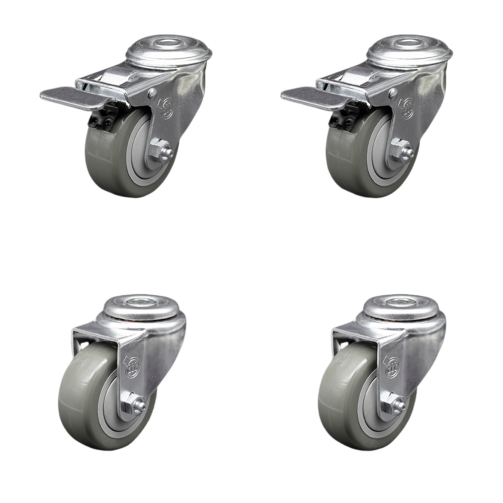 Polyurethane Swivel Bolt Hole Caster Set of 4 w/3" x 1.25" Gray Wheels - Includes 2 with Total Locking Brakes - 1200 lbs Total Capacity - Service Caster Brand — photo 1