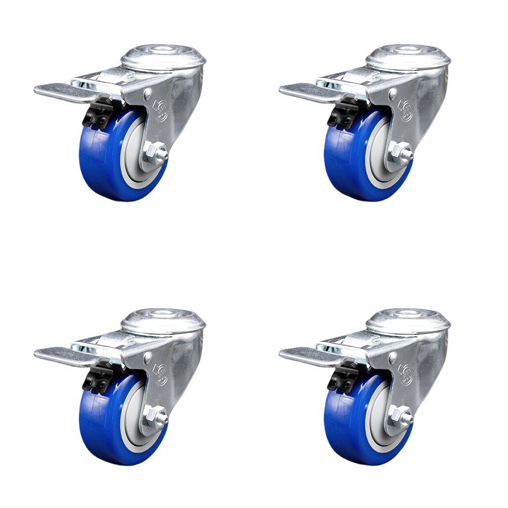 Polyurethane Swivel Bolt Hole Caster Set of 4 w/3" x 1.25" Blue Wheels - Includes 4 Swivel with Total Lock Brakes - 1200 lbs Total Capacity - Service Caster Brand — photo 1