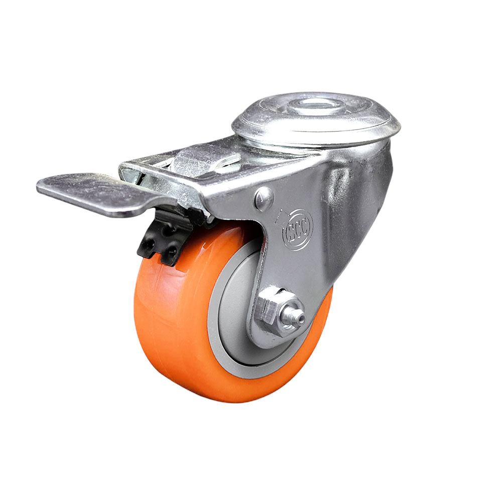 Polyurethane Swivel Bolt Hole Caster w/3" x 1.25" Orange Wheel & Total Locking Brake - 300 lbs Capacity/Caster - Service Caster Brand — photo 1