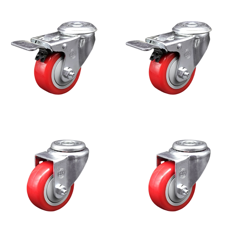 Polyurethane Swivel Bolt Hole Caster Set of 4 w/3" x 1.25" Red Wheels - Includes 2 with Total Locking Brakes - 1200 lbs Total Capacity - Service Caster Brand — photo 1