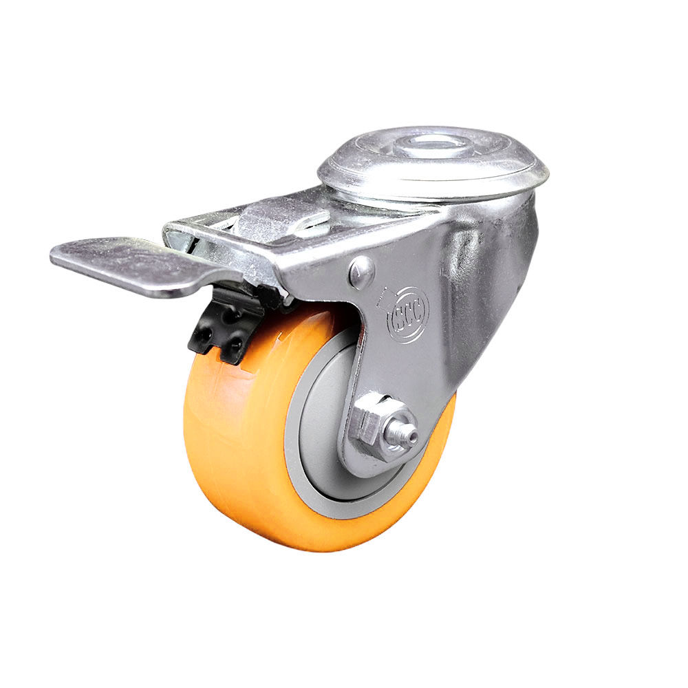 Polyurethane Swivel Bolt Hole Caster w/3" x 1.25" Yellow Wheel & Total Locking Brake - 300 lbs Capacity/Caster - Service Caster Brand — photo 1