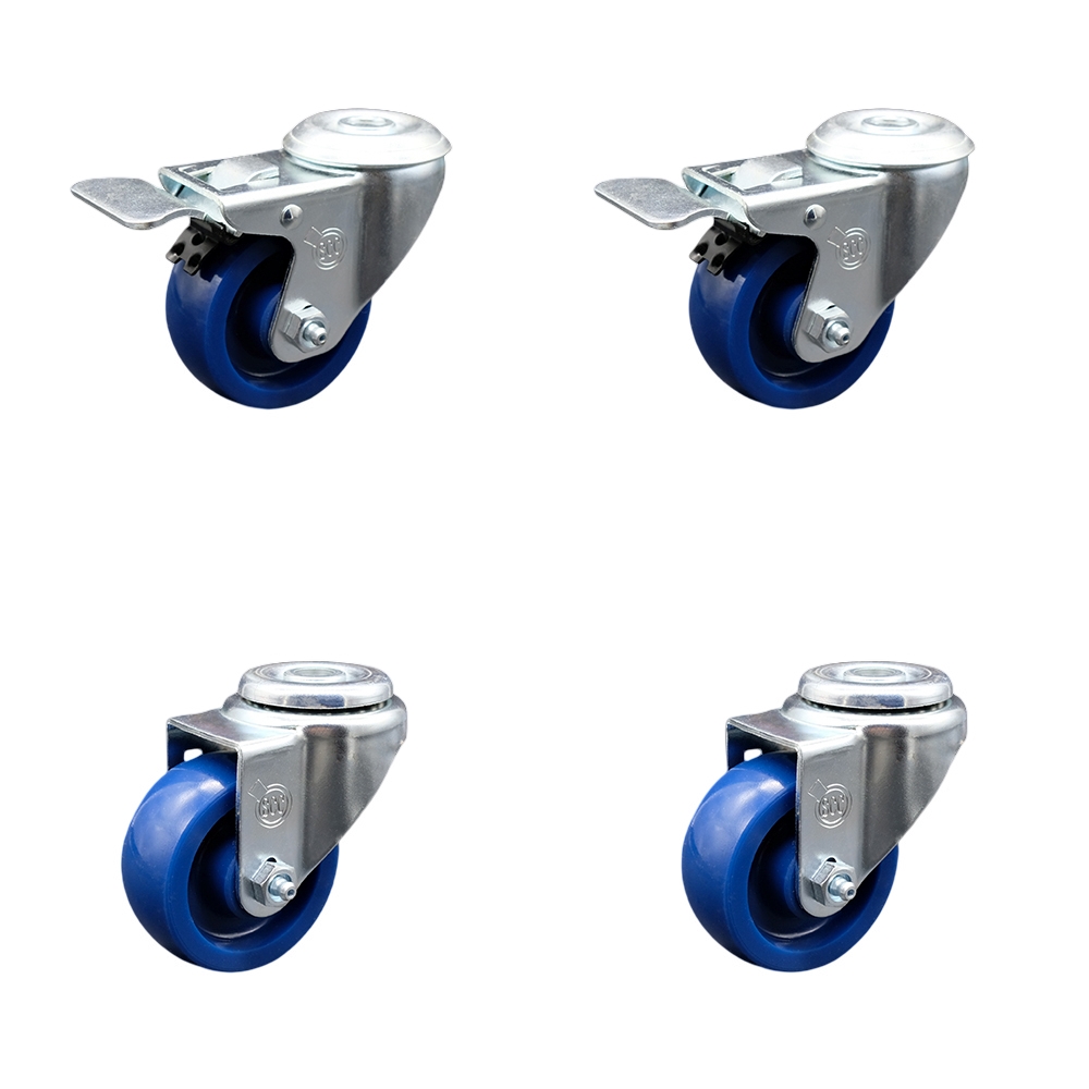 Solid Polyurethane Swivel Bolt Hole Caster Set of 4 w/3" x 1.25" Blue Wheels - Includes 2 with Total Locking Brakes - 1200 lbs Total Capacity - Service Caster Brand — photo 1