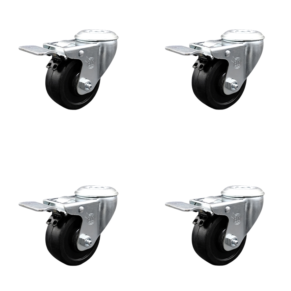 Soft Rubber Swivel Bolt Hole Caster Set of 4 w/3" x 1.25" Black Wheels - Includes 4 Swivel with Total Lock Brakes - 700 lbs Total Capacity - Service Caster Brand — photo 1