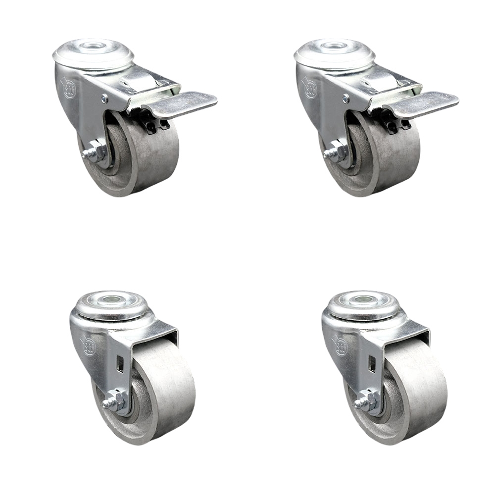 Semi Steel Cast Iron Swivel Bolt Hole Caster Set of 4 - 3" x 1.25" Silver Wheels - Includes 2 with Total Locking Brakes - 1200 lbs Total Capacity - Service Caster Brand — photo 1