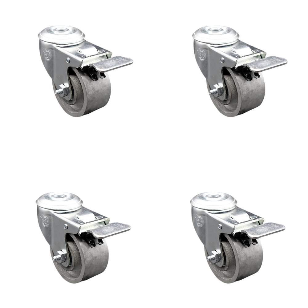 Semi Steel Cast Iron Swivel Bolt Hole Caster Set of 4 w/3" x 1.25" Silver Wheels - Includes 4 Swivel with Total Lock Brakes - 1200 lbs Total Capacity - Service Caster Brand — photo 1