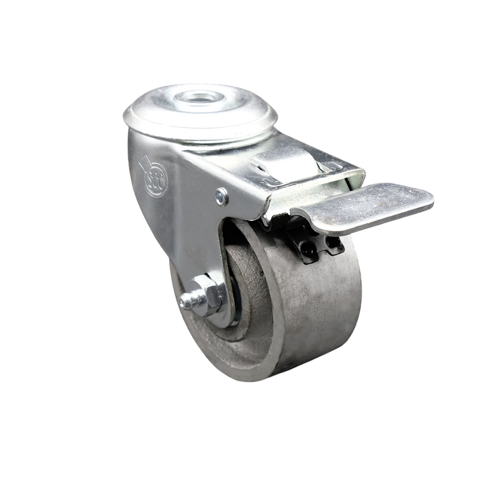 Semi Steel Cast Iron Swivel Bolt Hole Caster - 3" x 1.25" Silver Wheel & Total Locking Brake - 300 lbs Capacity/Caster - Service Caster Brand — photo 1