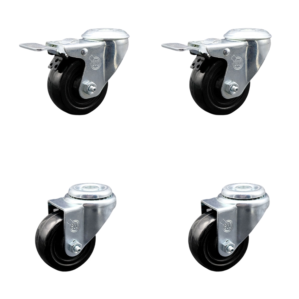 Hard Rubber Swivel Bolt Hole Caster Set of 4 w/3.5" x 1.25" Black Wheels - Includes 2 with Total Locking Brakes - 1100 lbs Total Capacity - Service Caster Brand — photo 1