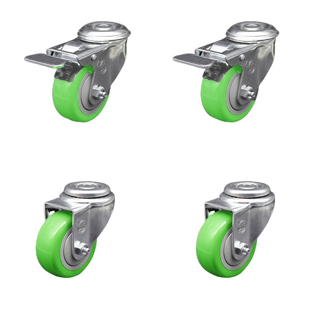 Polyurethane Swivel Bolt Hole Caster Set of 4 w/3.5" x 1.25" Green Wheels - Includes 2 with Total Locking Brakes - 1200 lbs Total Capacity - Service Caster Brand — photo 1
