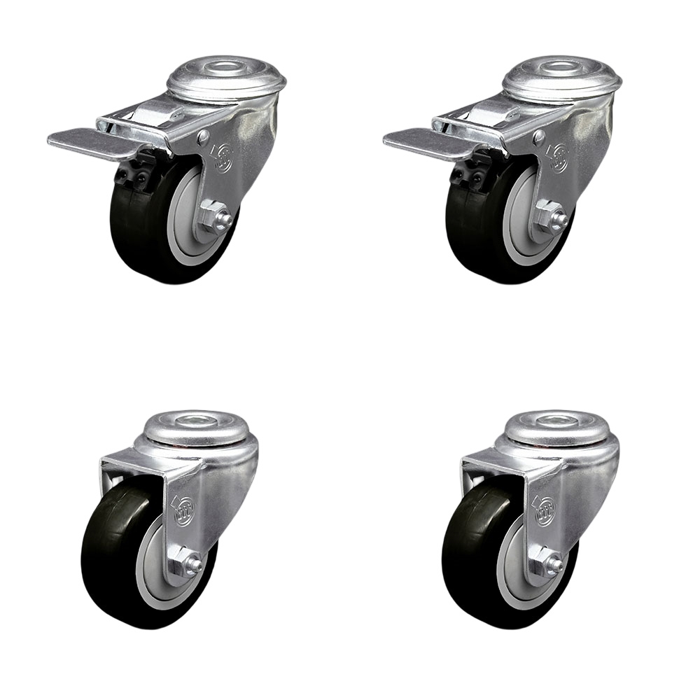 Polyurethane Swivel Bolt Hole Caster Set of 4 w/3.5" x 1.25" Black Wheels - Includes 2 with Total Locking Brakes - 1200 lbs Total Capacity - Service Caster Brand — photo 1