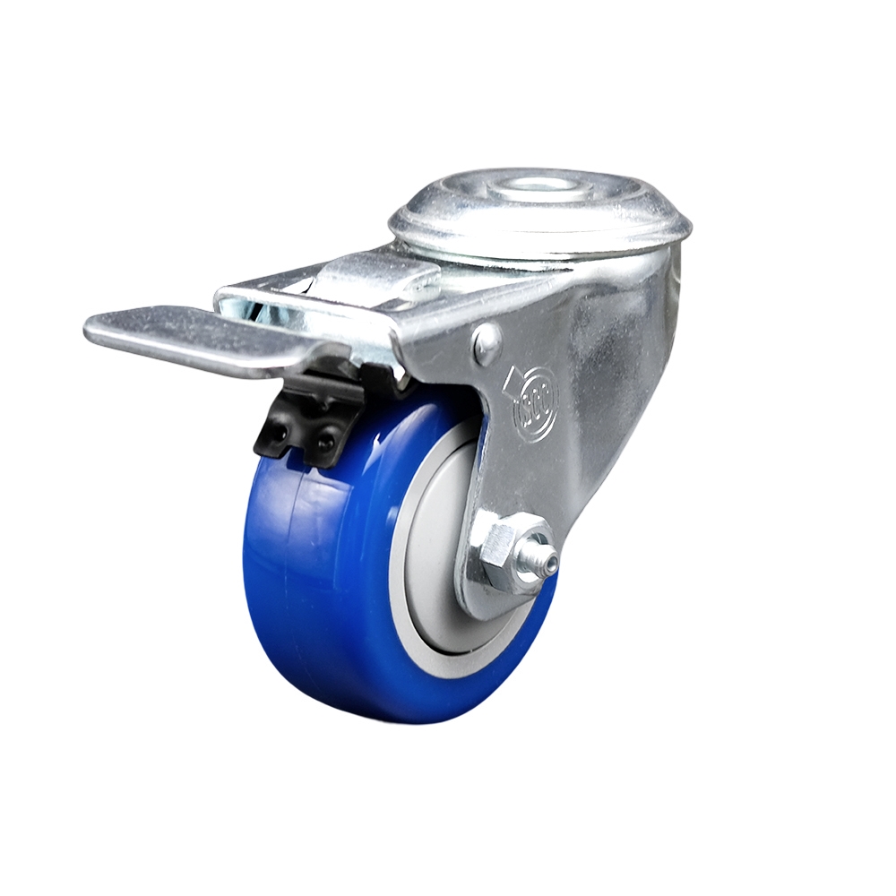 Polyurethane Swivel Bolt Hole Caster w/3.5" x 1.25"  Blue Wheel & Total Locking Brake - 300 lbs Capacity/Caster - Service Caster Brand — photo 1