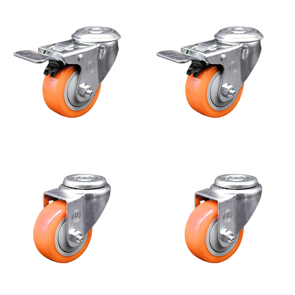 Polyurethane Swivel Bolt Hole Caster Set of 4 w/3.5" x 1.25" Orange Wheels - Includes 2 with Total Locking Brakes - 1200 lbs Total Capacity - Service Caster Brand — photo 1
