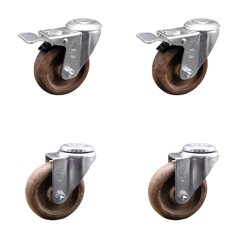 High Temp Glass Filled Nylon Swivel Bolt Hole Caster Set of 4 w/4" x 1.25" Brown Wheels - Includes 2 with Total Locking Brakes - 1400 lbs Total Capacity - Service Caster Brand — photo 1