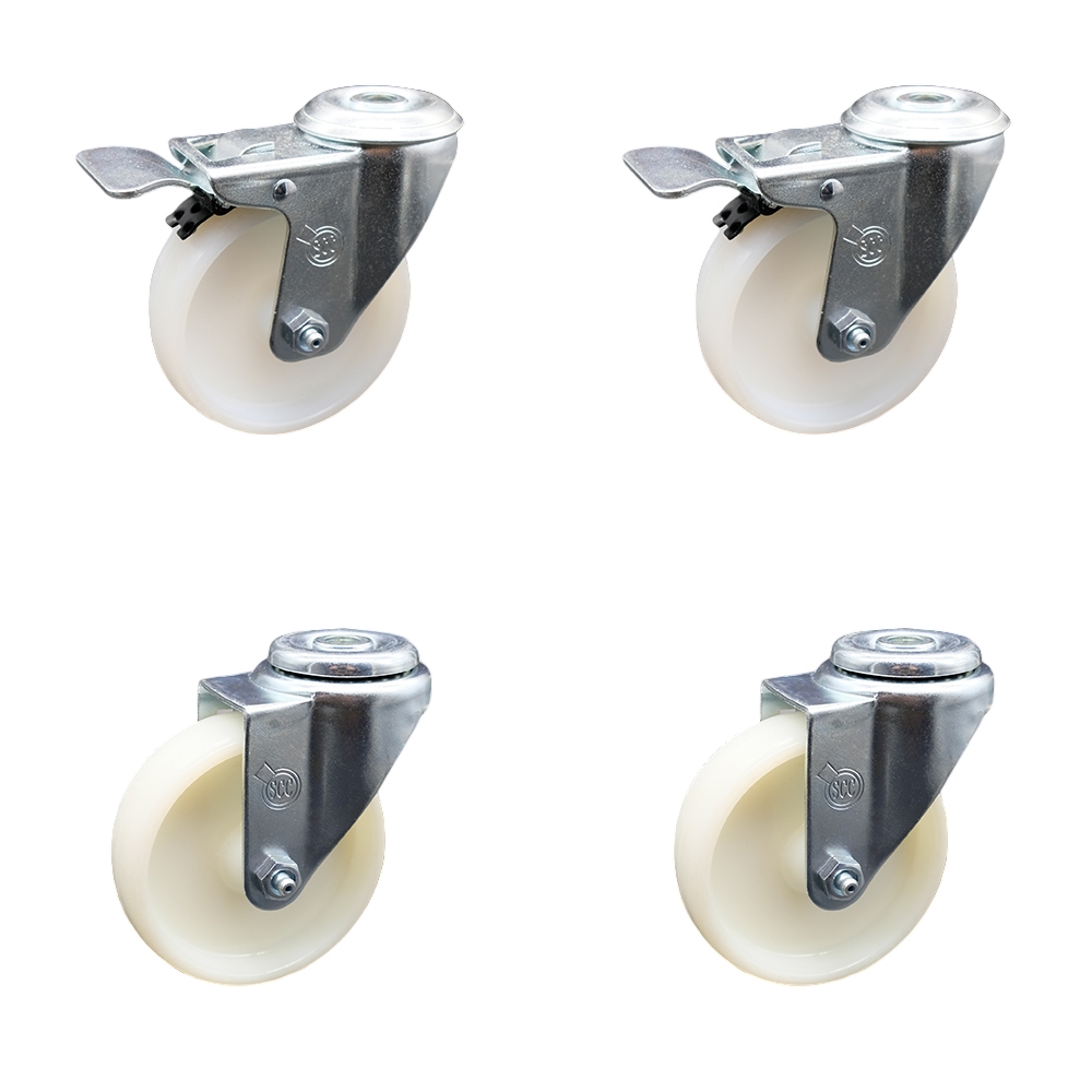 Nylon Swivel Bolt Hole Caster Set of 4 w/4" x 1.25" White Wheels - Includes 2 with Total Locking Brakes - 1200 lbs Total Capacity - Service Caster Brand — photo 1