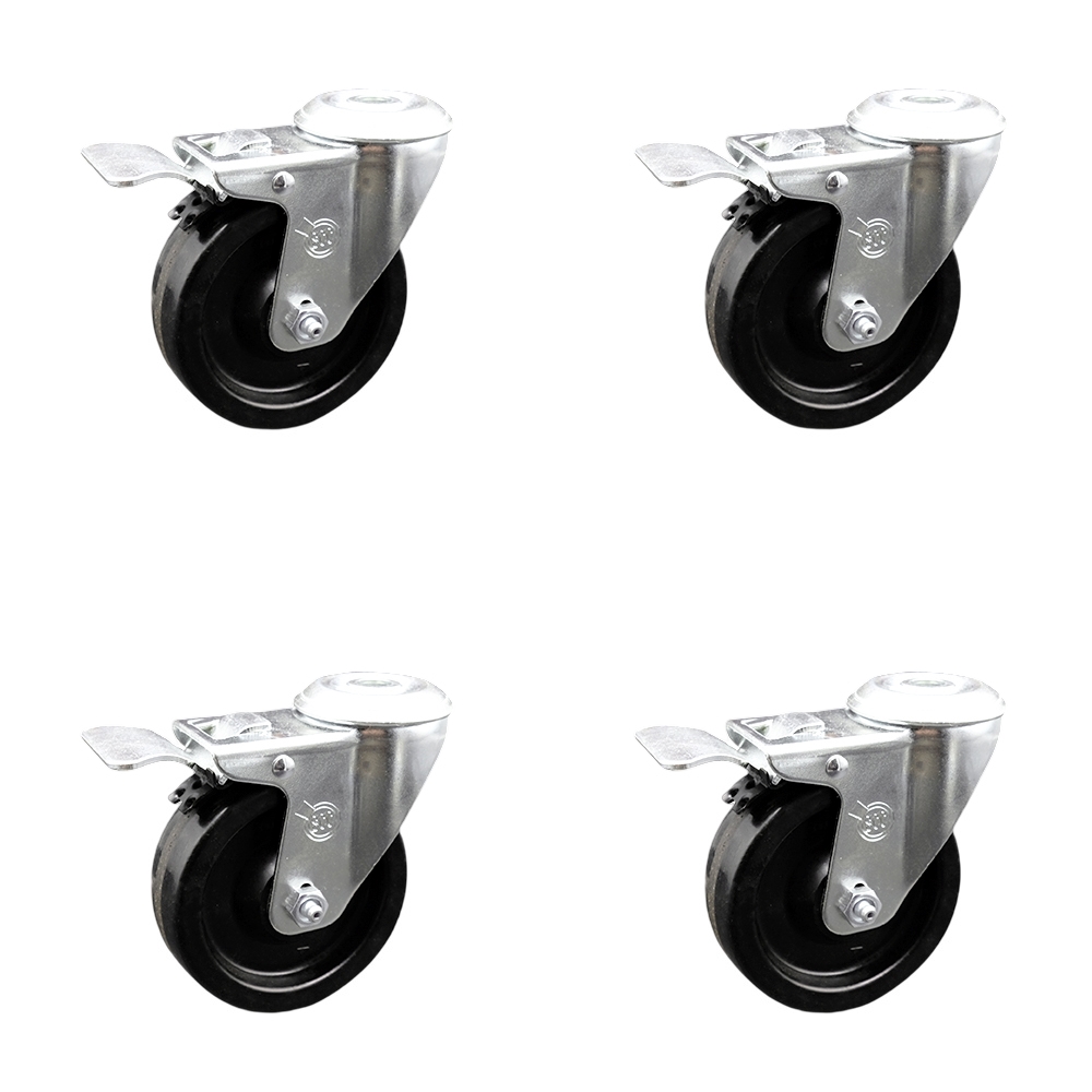 Phenolic Swivel Bolt Hole Caster w/Roller Bearing Set of 4 w/4" x 1.25" Black Wheels - Includes 4 Swivel with Total Lock Brakes - 1200 lbs Total Capacity - Service Caster Brand — photo 1