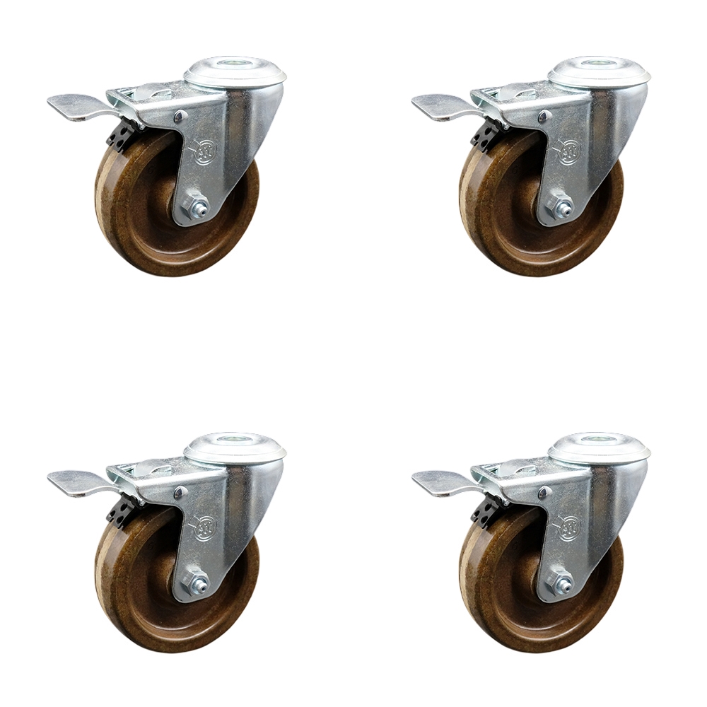Service Caster 4 Inch High Temp Phenolic Swivel Bolt Hole Caster Set with Total Lock Brake SCC