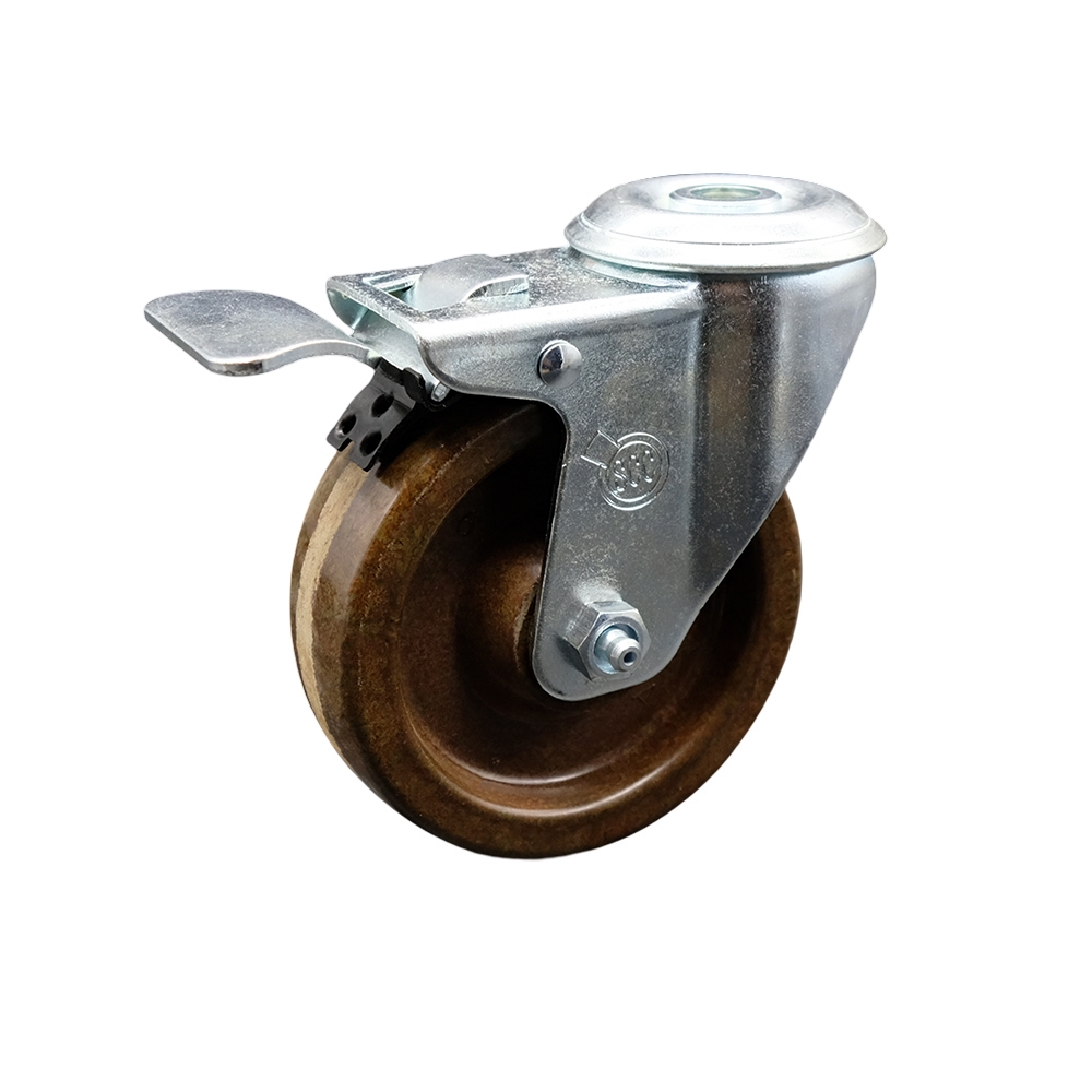 High Temperature Phenolic Swivel Bolt Hole Caster w/Roller Bearing - 4" x 1.25" Brown Wheel & Total Locking Brake - 300 lbs Capacity/Caster - Service Caster Brand — photo 1
