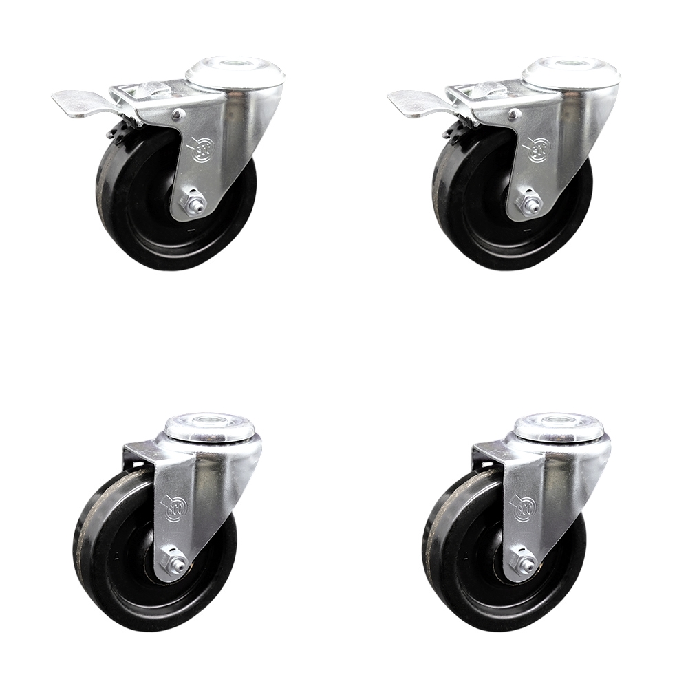 Phenolic Swivel Bolt Hole Caster Set of 4 w/4" x 1.25" Black Wheels - Includes 2 with Total Locking Brakes - 1200 lbs Total Capacity - Service Caster Brand — photo 1