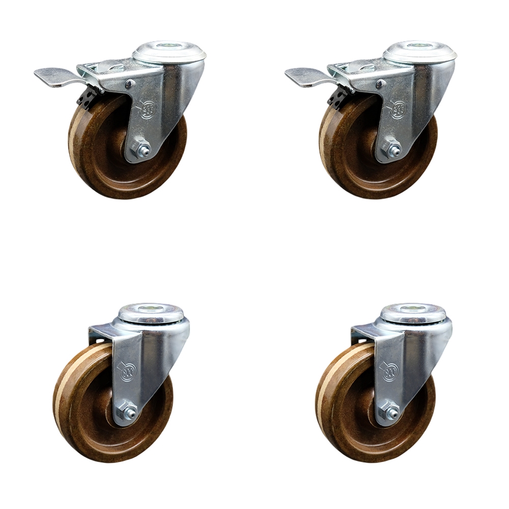 High Temperature Phenolic Swivel Bolt Hole Caster Set of 4 - 4" x 1.25" Brown Wheels - Includes 2 with Total Locking Brakes - 1200 lbs Total Capacity - Service Caster Brand — photo 1