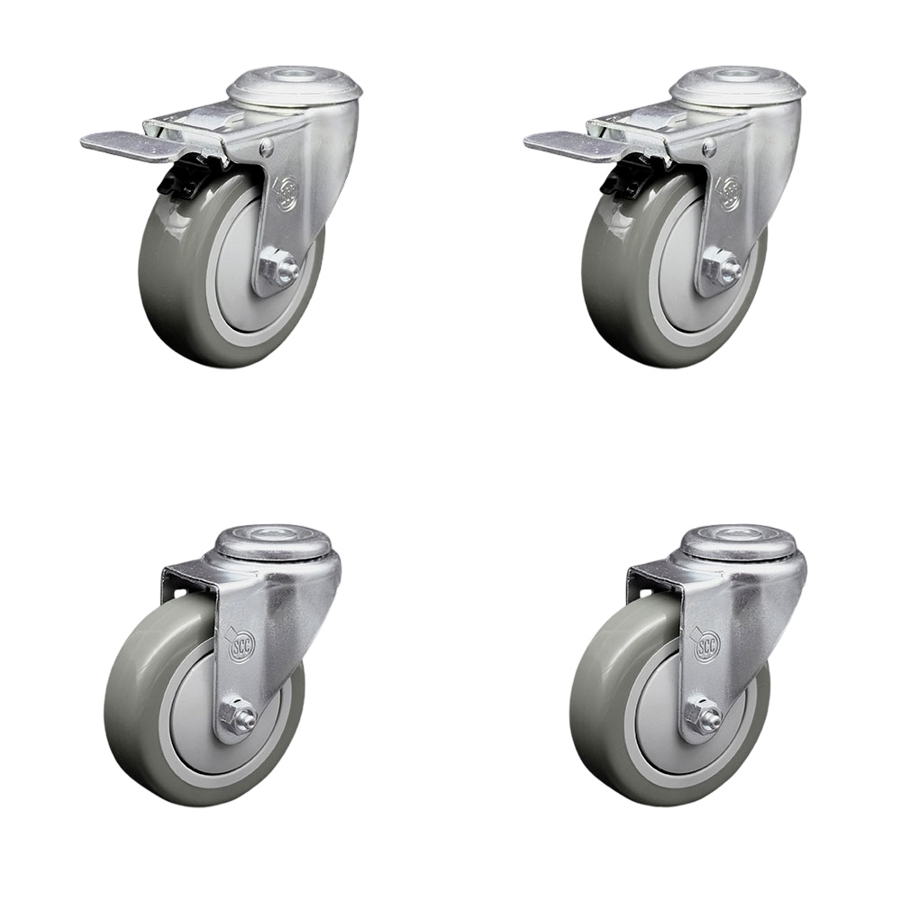 Polyurethane Swivel Bolt Hole Caster Set of 4 w/4" x 1.25" Gray Wheels - Includes 2 with Total Locking Brakes - 1400 lbs Total Capacity - Service Caster Brand — photo 1