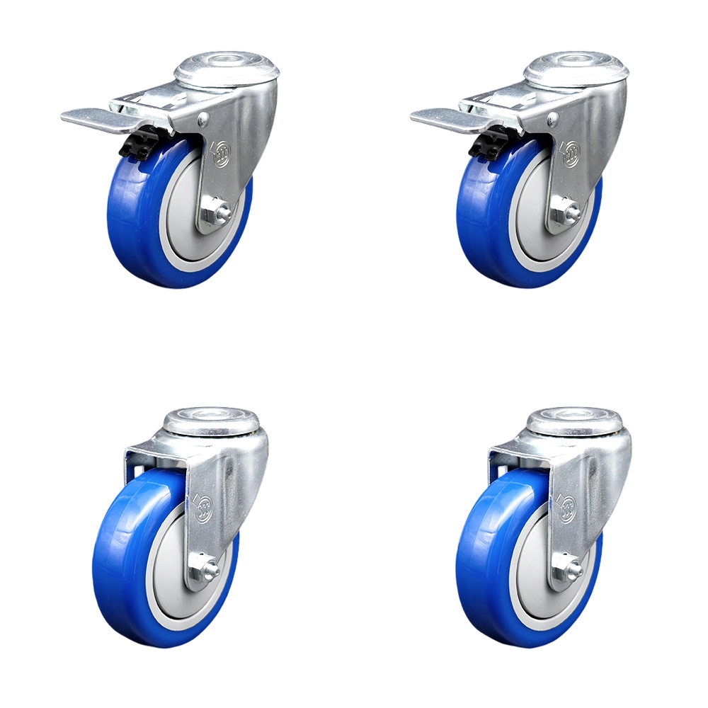 Polyurethane Swivel Bolt Hole Caster Set of 4 w/4" x 1.25"  Blue Wheels - Includes 2 with Total Locking Brakes - 1400 lbs Total Capacity - Service Caster Brand — photo 1