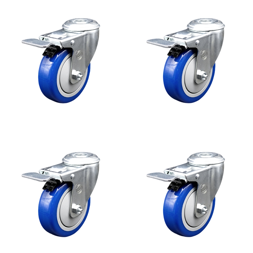 Polyurethane Swivel Bolt Hole Caster Set of 4 w/4" x 1.25" Blue Wheels - Includes 4 Swivel with Total Lock Brakes - 1400 lbs Total Capacity - Service Caster Brand — photo 1