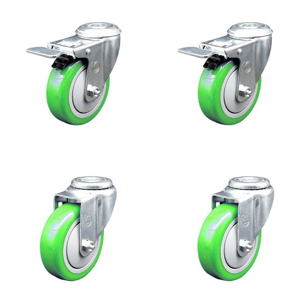 Polyurethane Swivel Bolt Hole Caster Set of 4 w/4" x 1.25" Green Wheels - Includes 2 with Total Locking Brakes - 1400 lbs Total Capacity - Service Caster Brand — photo 1