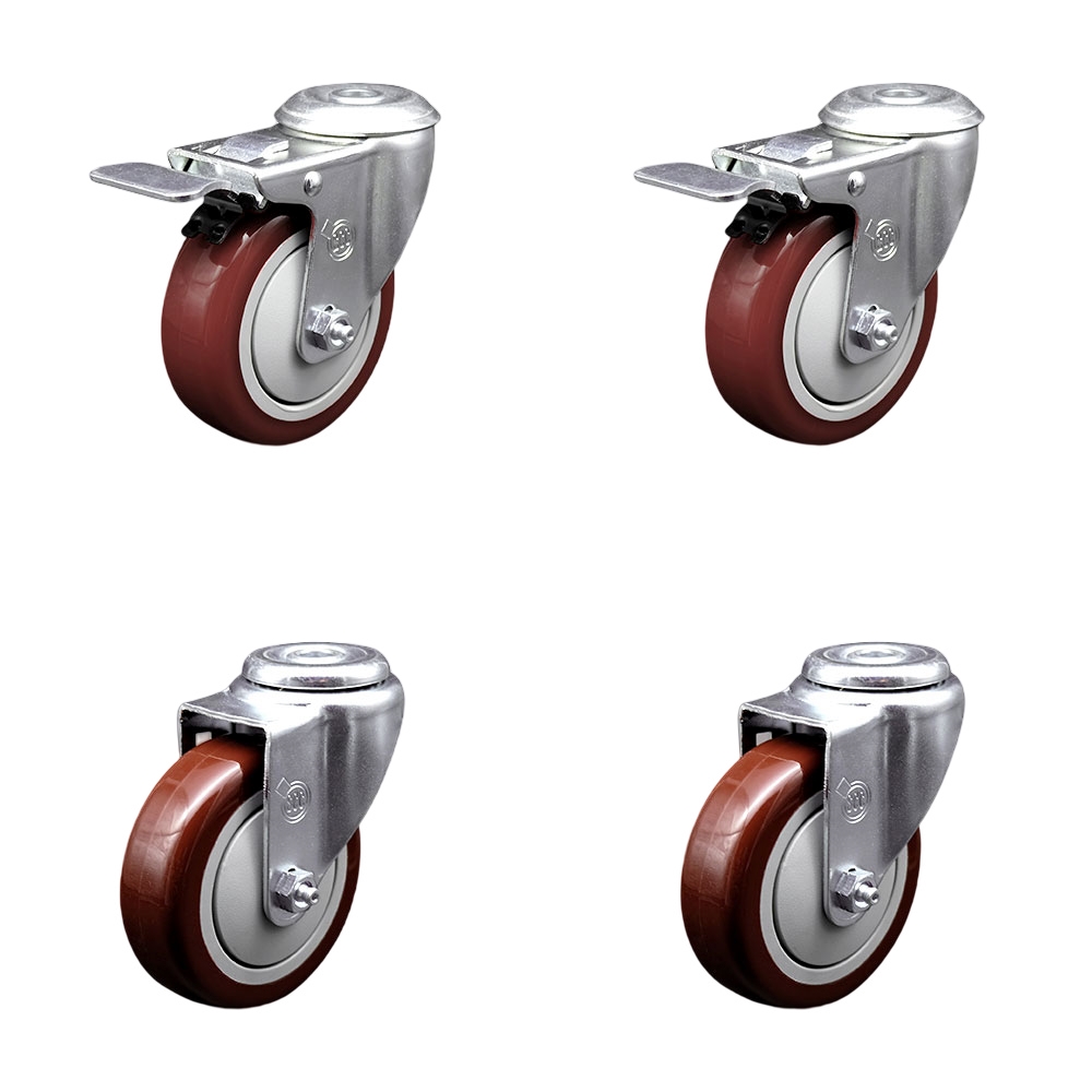 Polyurethane Swivel Bolt Hole Caster Set of 4 w/4" x 1.25"  Maroon Wheels - Includes 2 with Total Locking Brakes - 1400 lbs Total Capacity - Service Caster Brand — photo 1