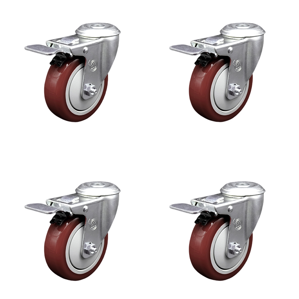 Polyurethane Swivel Bolt Hole Caster Set of 4 w/4" x 1.25" Maroon Wheels - Includes 4 Swivel with Total Lock Brakes - 1400 lbs Total Capacity - Service Caster Brand — photo 1