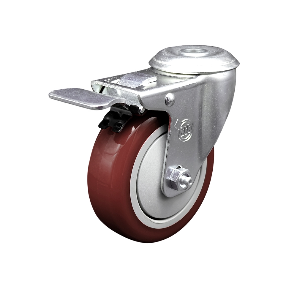 Polyurethane Swivel Bolt Hole Caster w/4" x 1.25"  Maroon Wheel & Total Locking Brake - 350 lbs Capacity/Caster - Service Caster Brand — photo 1