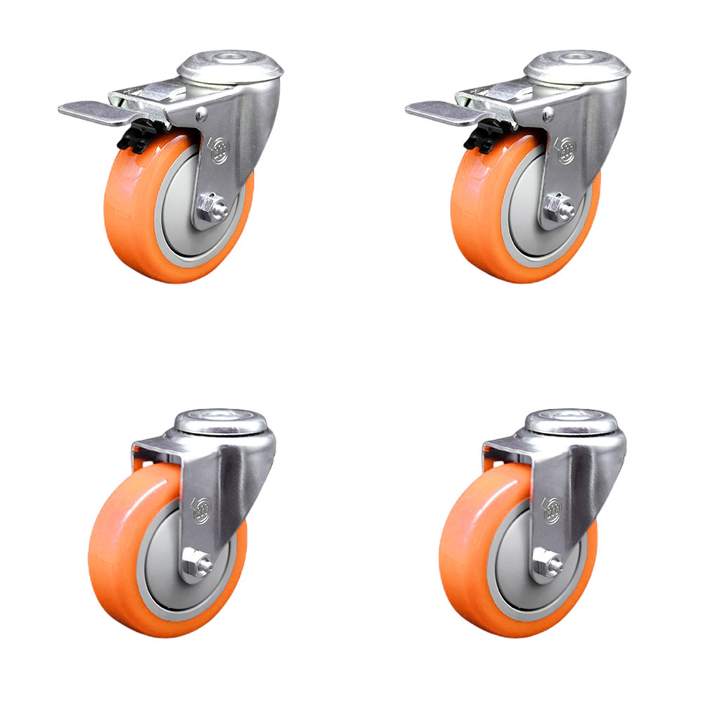 Polyurethane Swivel Bolt Hole Caster Set of 4 w/4" x 1.25" Orange Wheels - Includes 2 with Total Locking Brakes - 1400 lbs Total Capacity - Service Caster Brand — photo 1