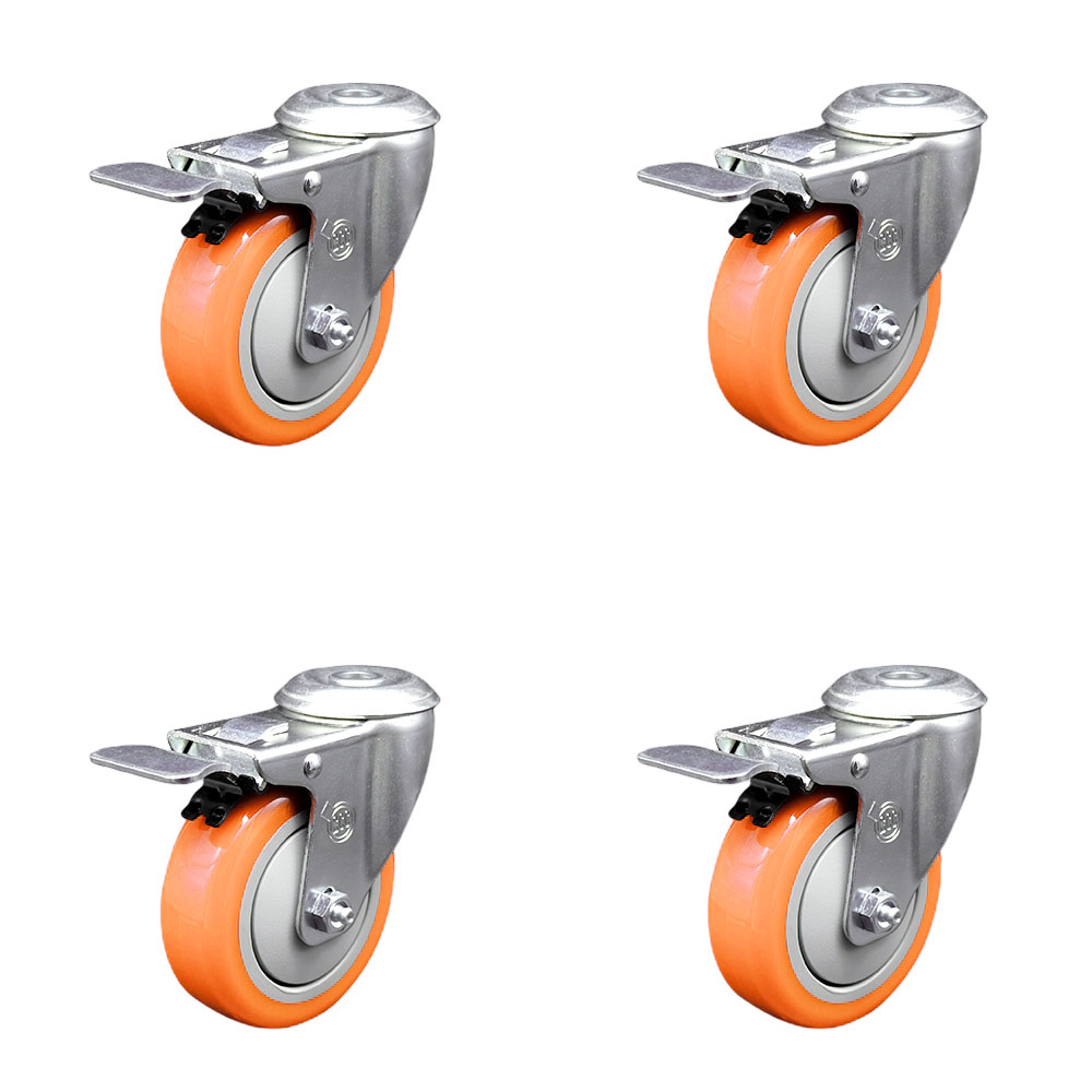 Polyurethane Swivel Bolt Hole Caster Set of 4 w/4" x 1.25" Orange Wheels - Includes 4 Swivel with Total Lock Brakes - 1400 lbs Total Capacity - Service Caster Brand — photo 1