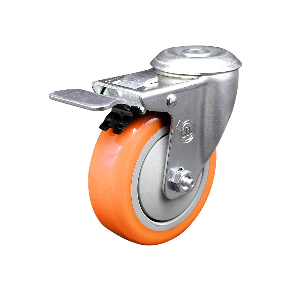 Polyurethane Swivel Bolt Hole Caster w/4" x 1.25" Orange Wheel & Total Locking Brake - 350 lbs Capacity/Caster - Service Caster Brand — photo 1