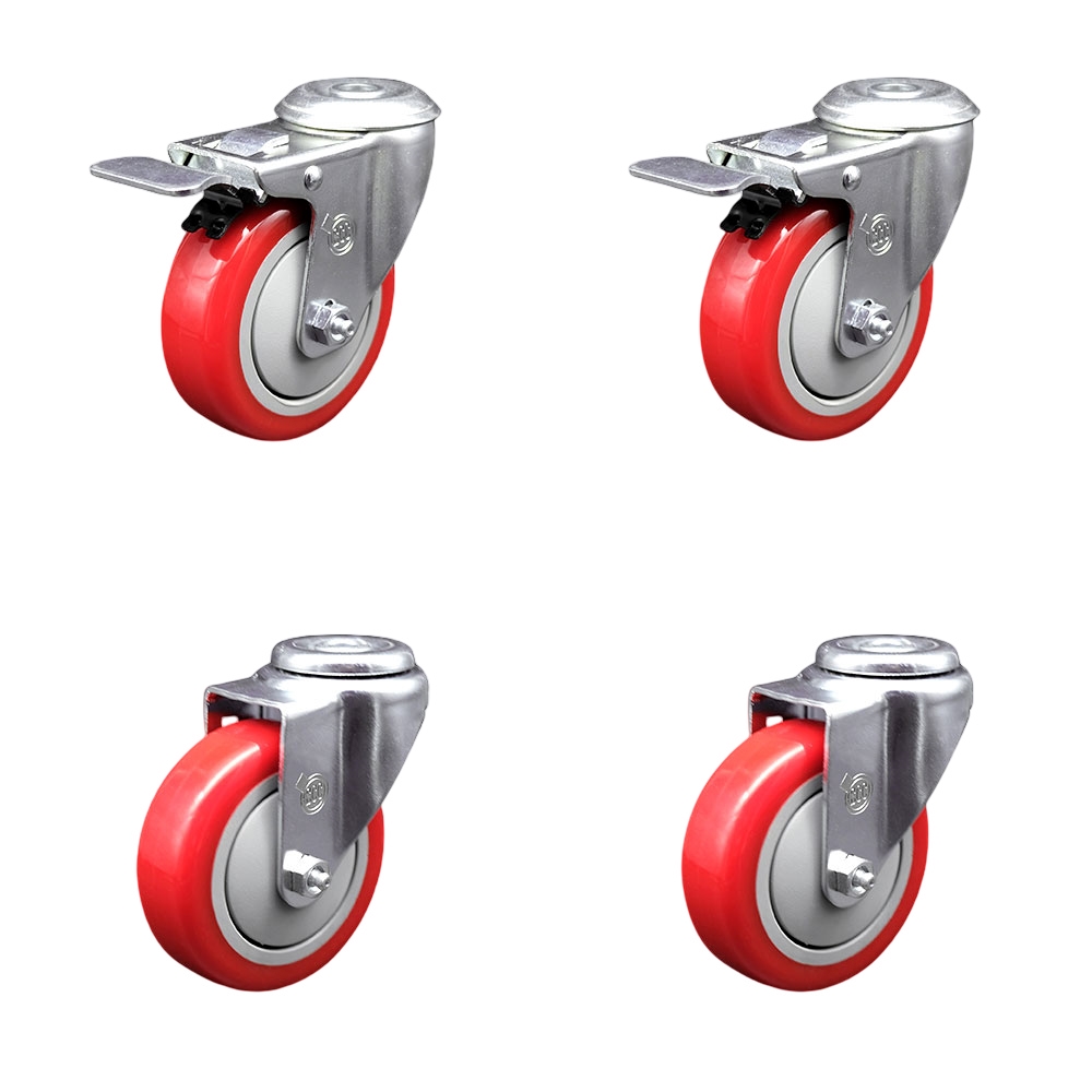 Polyurethane Swivel Bolt Hole Caster Set of 4 w/4" x 1.25" Red Wheels - Includes 2 with Total Locking Brakes - 1400 lbs Total Capacity - Service Caster Brand — photo 1