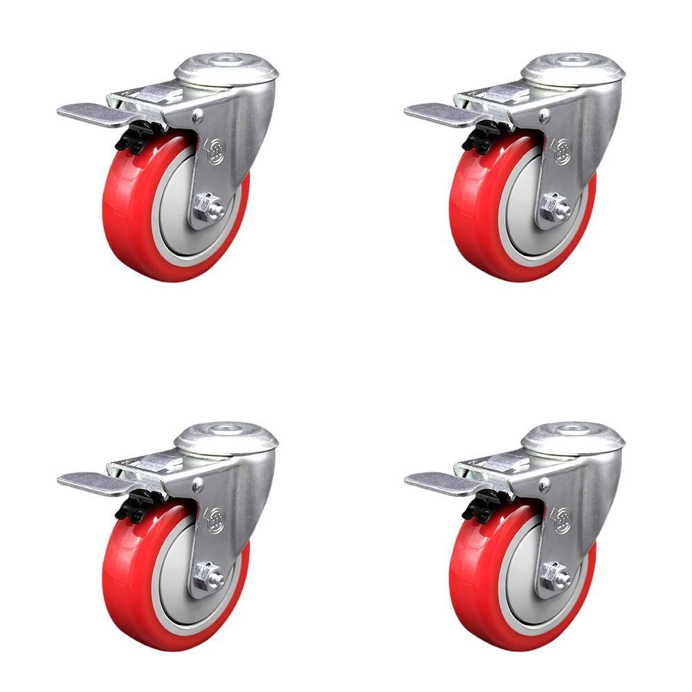 Polyurethane Swivel Bolt Hole Caster Set of 4 w/4" x 1.25" Red Wheels - Includes 4 Swivel with Total Lock Brakes - 1400 lbs Total Capacity - Service Caster Brand — photo 1