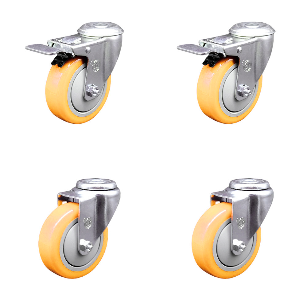 Polyurethane Swivel Bolt Hole Caster Set of 4 w/4" x 1.25" Yellow Wheels - Includes 2 with Total Locking Brakes - 1400 lbs Total Capacity - Service Caster Brand — photo 1