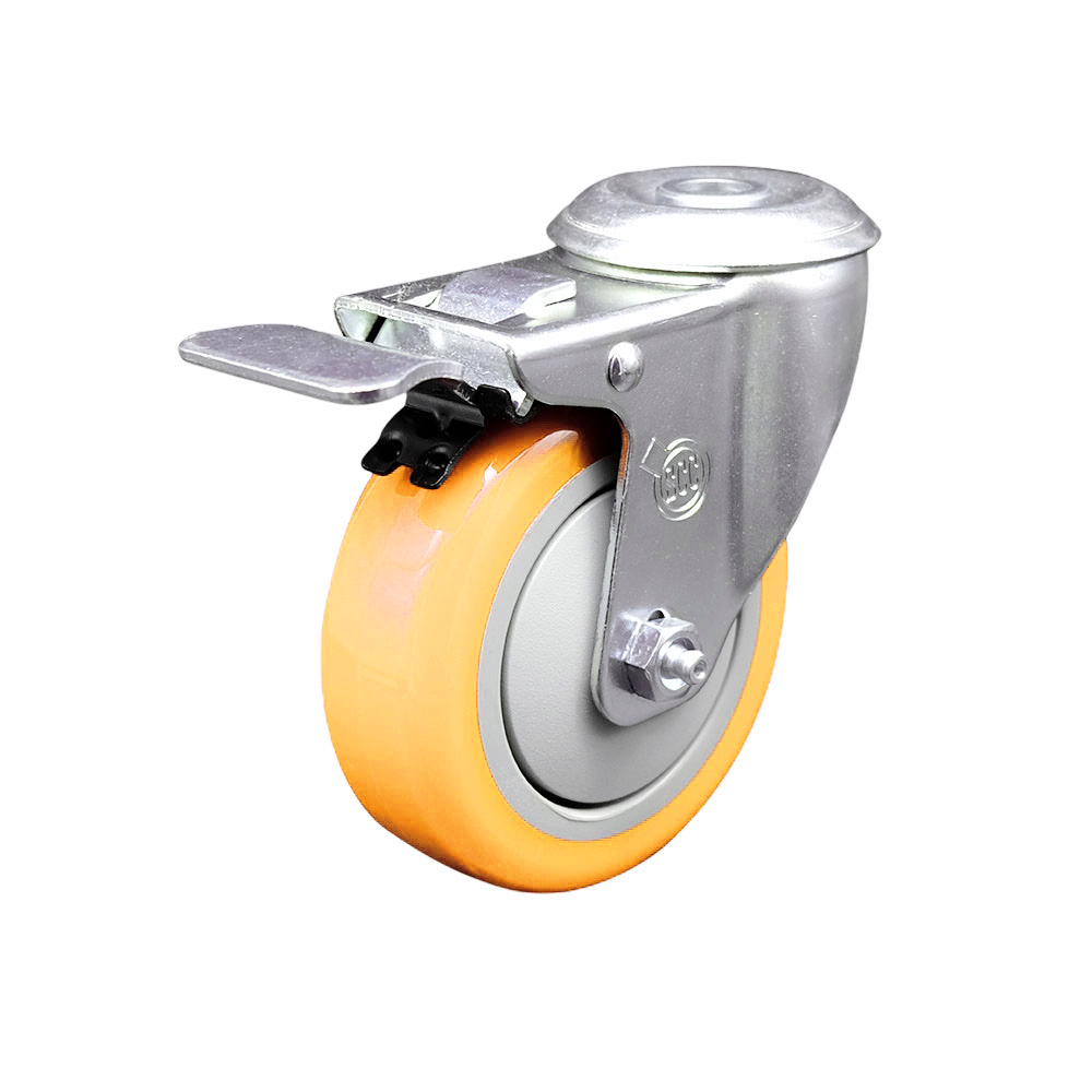 Polyurethane Swivel Bolt Hole Caster w/4" x 1.25" Yellow Wheel & Total Locking Brake - 350 lbs Capacity/Caster - Service Caster Brand — photo 1