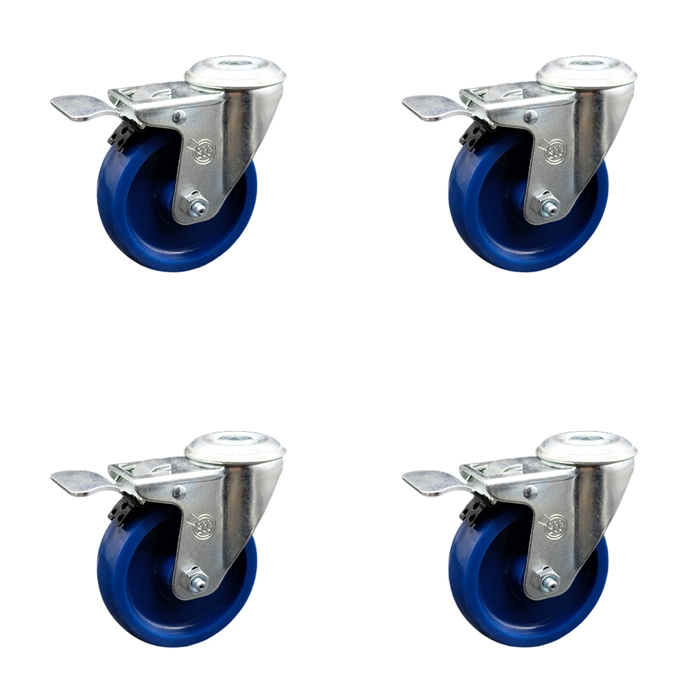 Solid Polyurethane Swivel Bolt Hole Caster Set of 4 w/4" x 1.25" Blue Wheels - Includes 4 Swivel with Total Lock Brakes - 1200 lbs Total Capacity - Service Caster Brand — photo 1