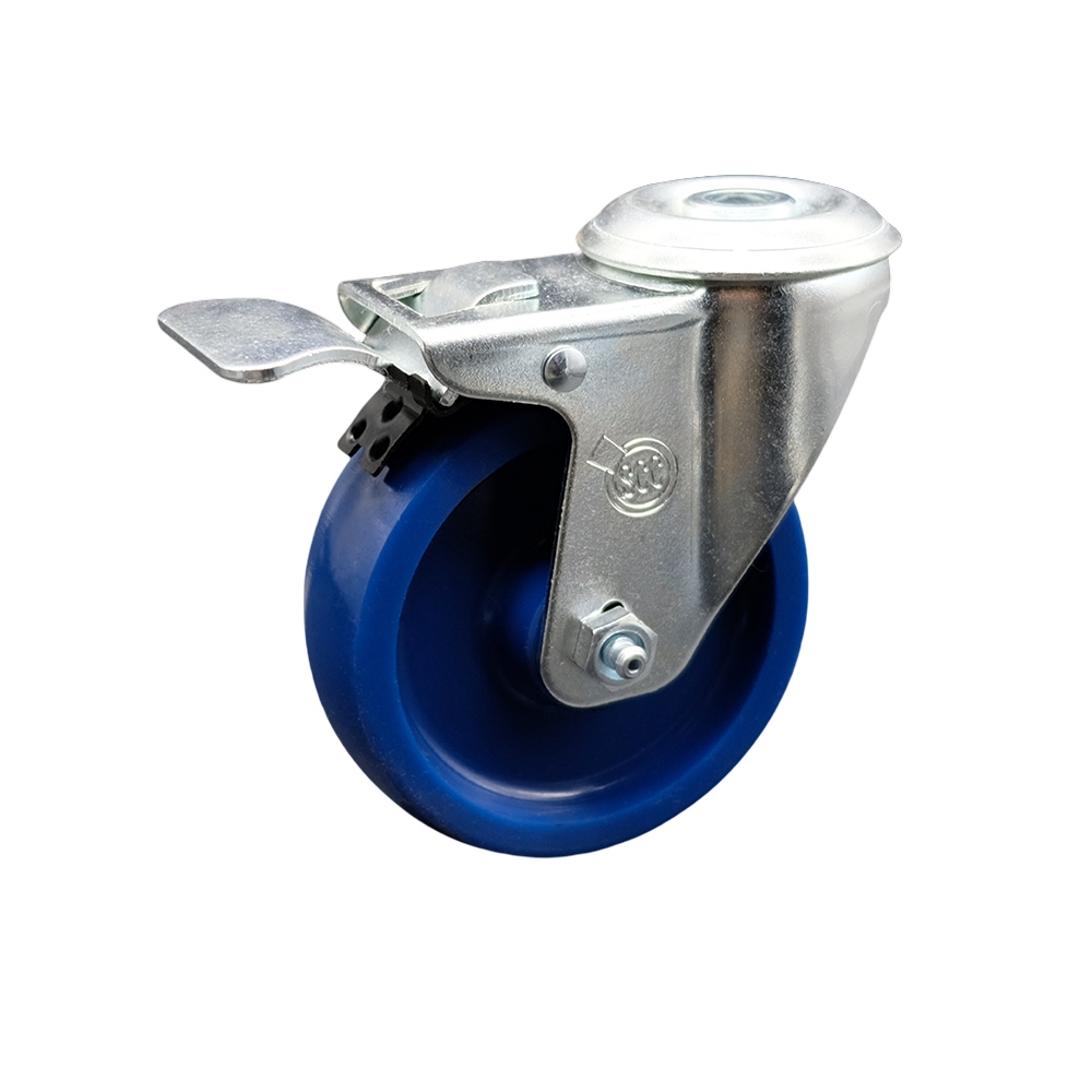 Solid Polyurethane Swivel Bolt Hole Caster w/4" x 1.25" Blue Wheel & Total Locking Brake - 300 lbs Capacity/Caster - Service Caster Brand — photo 1