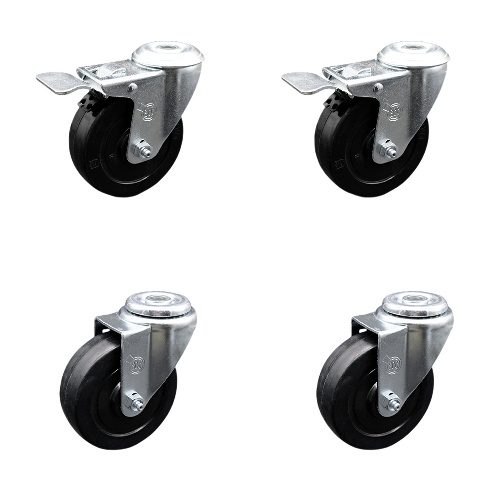 Soft Rubber Swivel Bolt Hole Caster Set of 4 w/4" x 1.25" Black Wheels - Includes 2 with Total Locking Brakes - 800 lbs Total Capacity - Service Caster Brand — photo 1