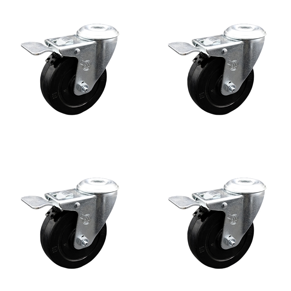 Soft Rubber Swivel Bolt Hole Caster Set of 4 w/4" x 1.25" Black Wheels - Includes 4 Swivel with Total Lock Brakes - 800 lbs Total Capacity - Service Caster Brand — photo 1