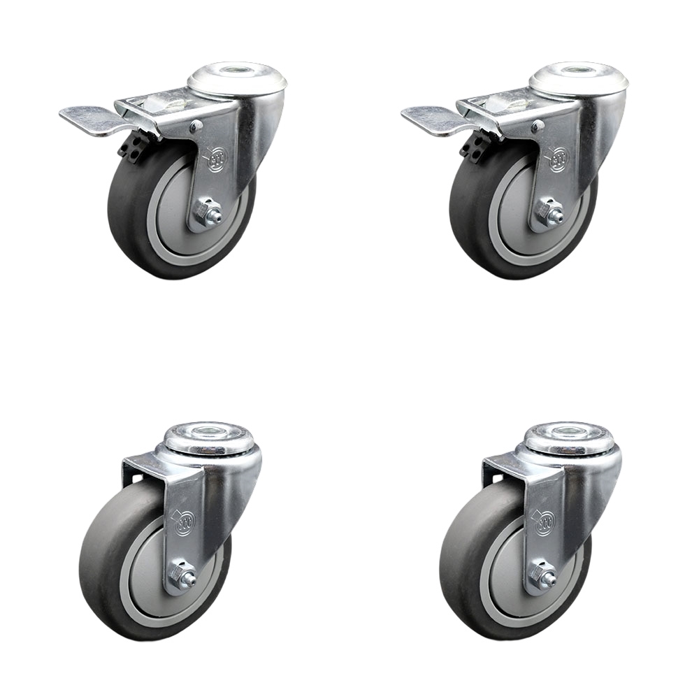 Thermoplastic Rubber Swivel Bolt Hole Caster Set of 4 - 4" x 1.25" Gray Wheels - Includes 2 with Total Locking Brakes - 1,000 lbs Total Capacity - Service Caster Brand — photo 1